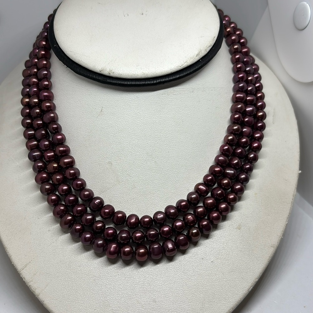 7mm potato shape freshwater pearl triple strand necklace. With vermeil clasp